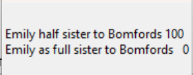 Bayesian Relative Probability result: Emily Macauley as half sister to James Bomford’s legitimate children at 100%