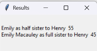 Bayesian Relative Probability result: Emily Macauley as half sister versus full sister to Henry Macauley — result ambiguous