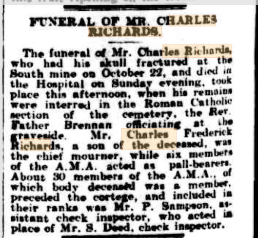 Funeral notice for Mr Charles Richards, Barrier Miner, 5 November 1913
