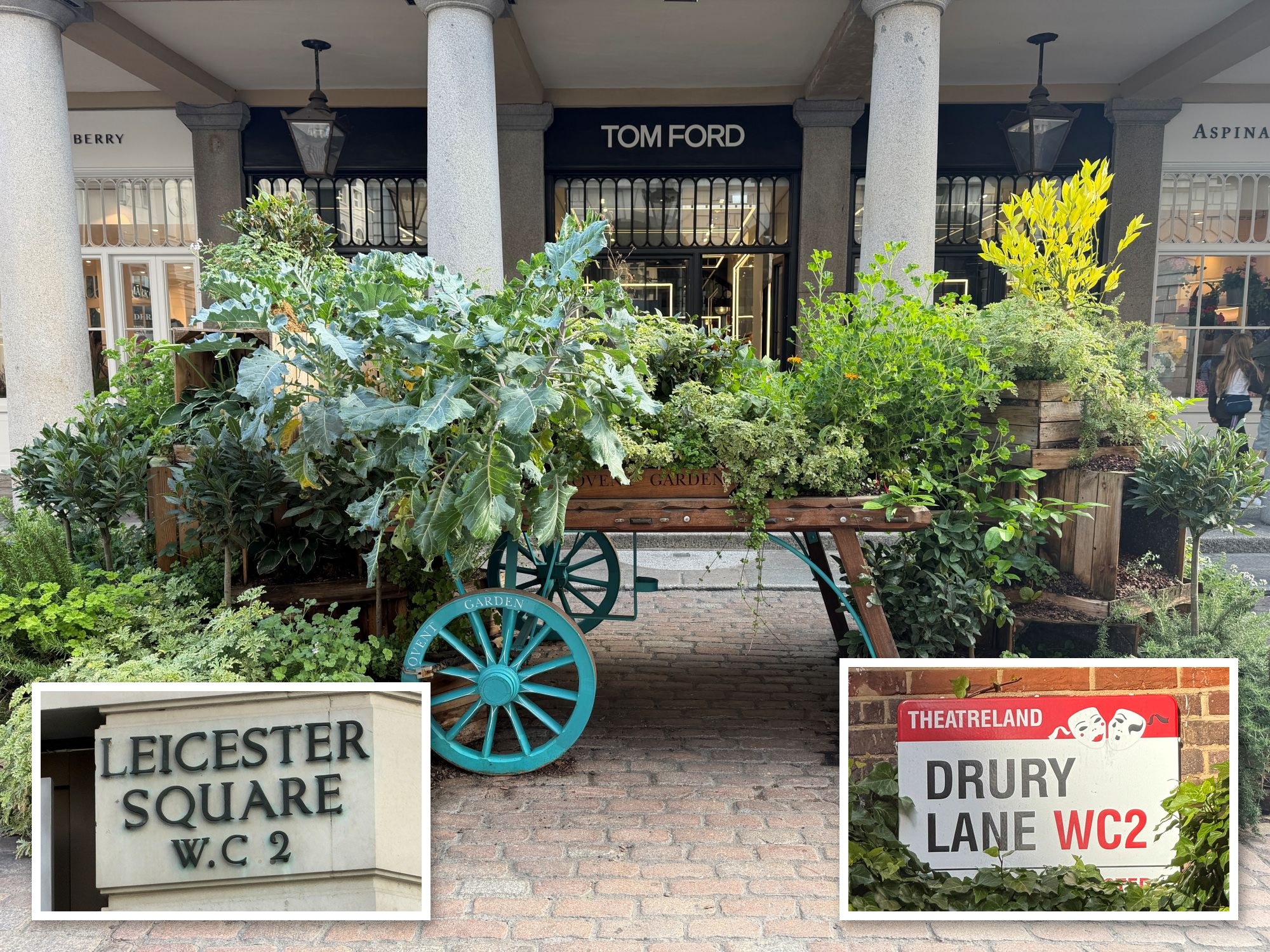 A teal-wheeled wooden cart filled with green plants stands on a brick-paved arcade in front of shopfronts, with two framed close-ups of the Leicester Square and Drury Lane street signs.