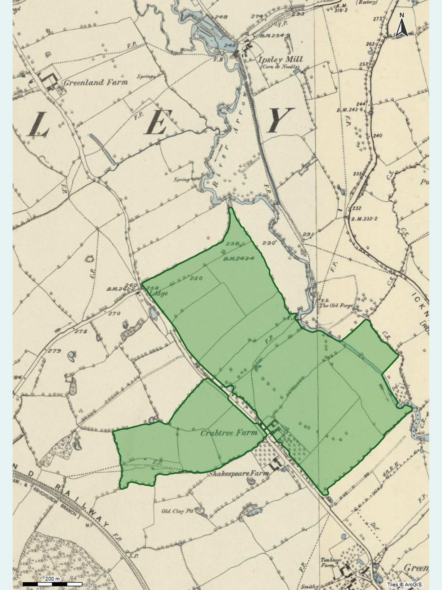 Ordnance Survey map of Ipsley, Warwickshire, from the 1880s, with the land Heming Bomford occupied at Crabtree Farm shaded green on either side of Studley Road