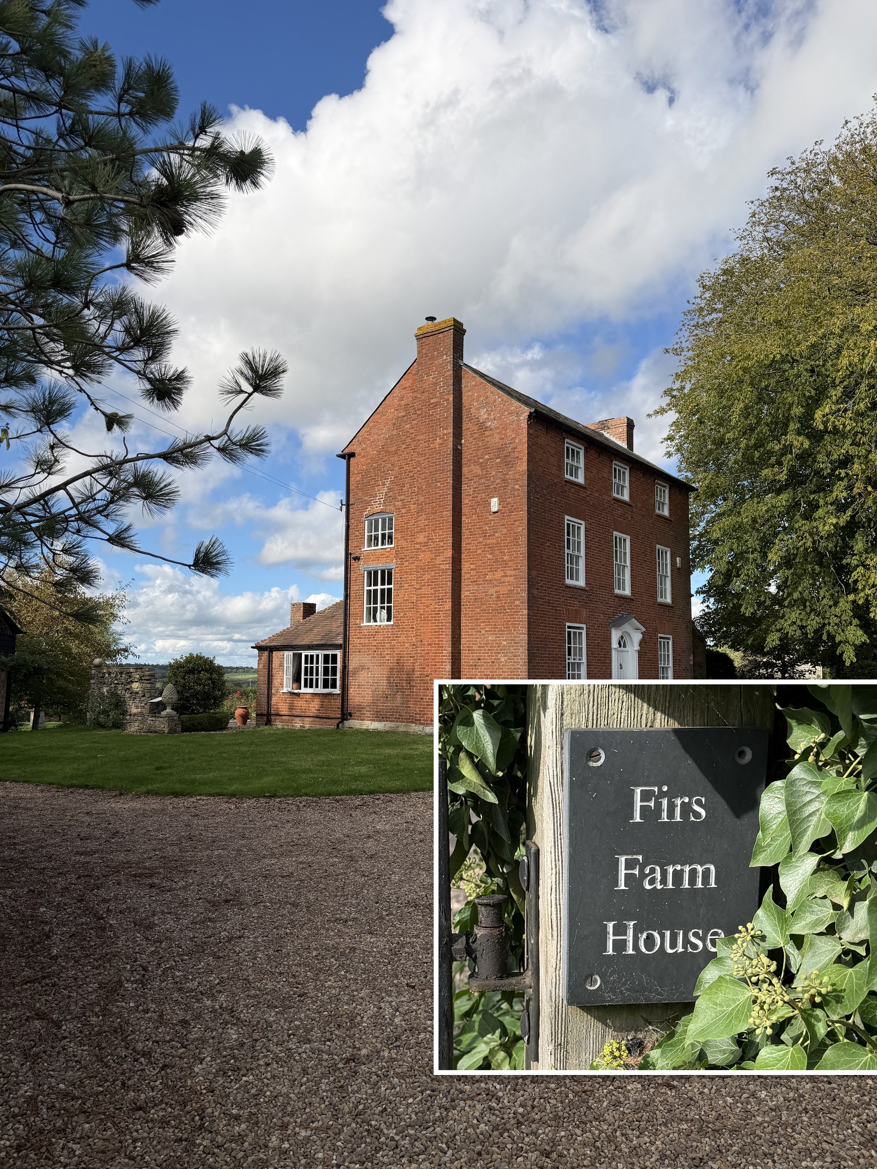 A three-storey red brick farmhouse beside a lawn under a blue sky, with an inset photograph of a slate sign reading Firs Farm House on a wooden gatepost among ivy.