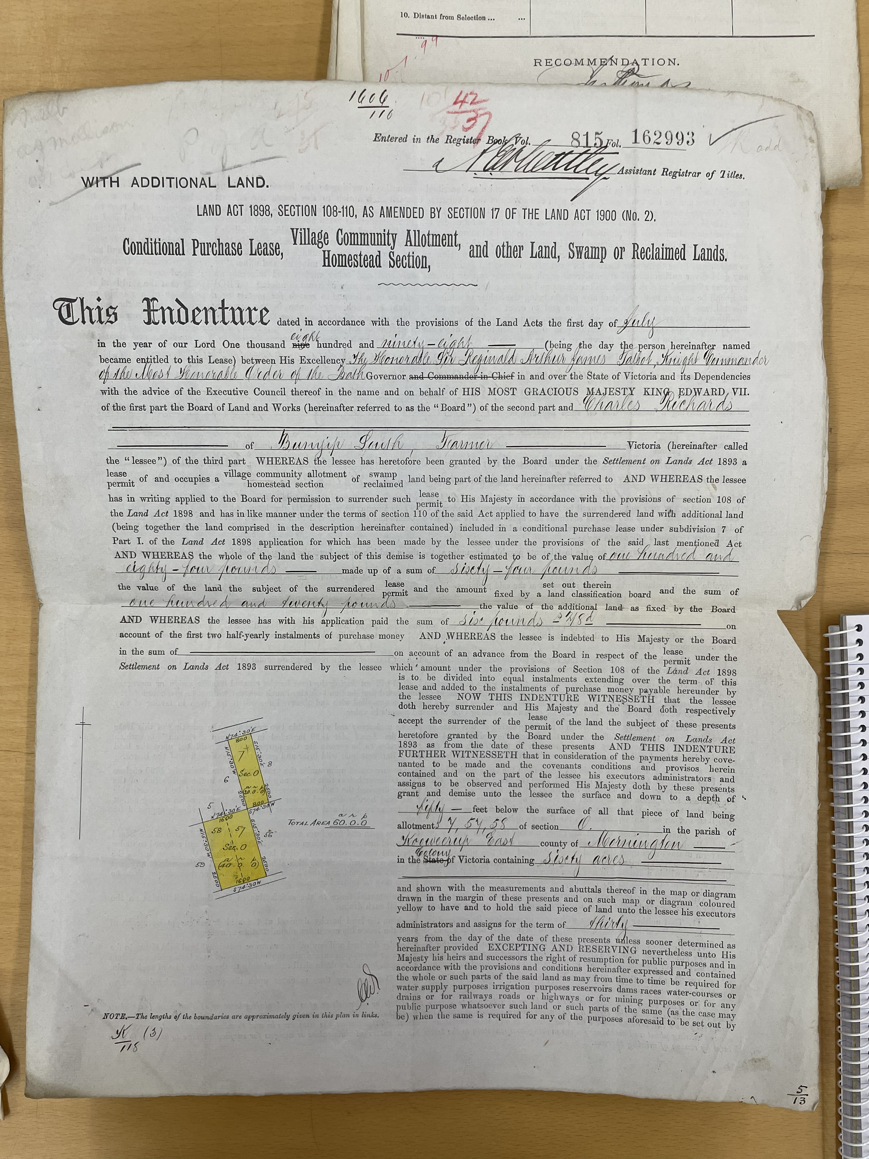 Land indenture for Charles Richards, Bunyip South, showing the 60-acre allotment plan, 1898