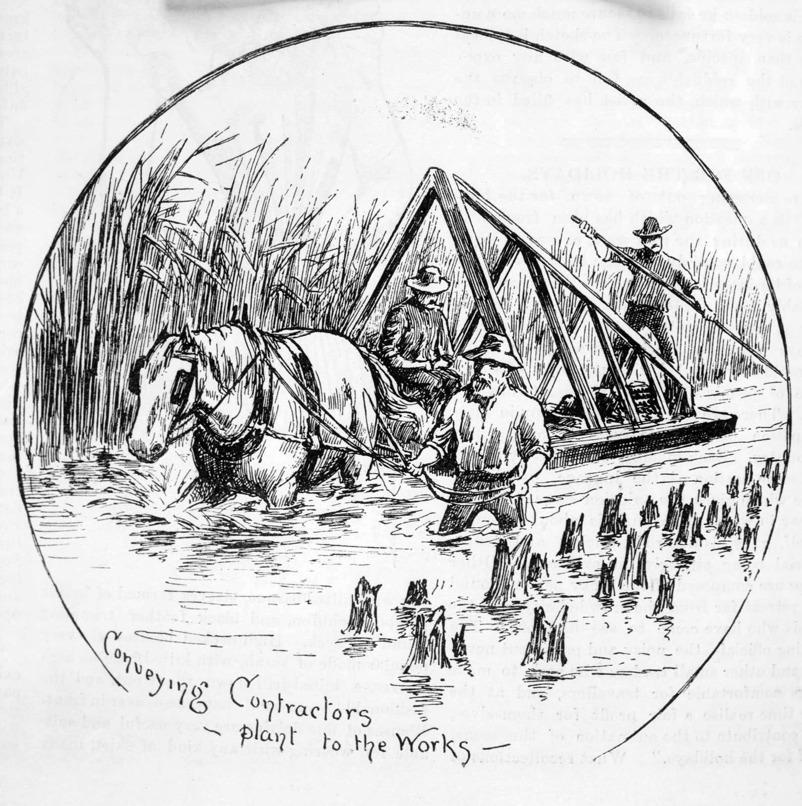 Conveying contractors plant to the works, Koo-wee-rup swamp, pen and ink illustration from With Pen and Pencil in South Gippsland, c.1891