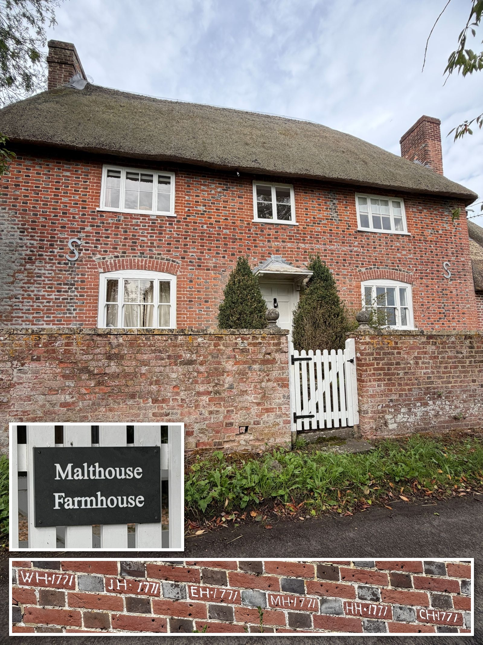 A red brick thatched farmhouse behind a brick wall and white gate, with two inset photographs: a black slate sign reading "Malthouse Farmhouse" and a row of white painted initials followed by the year 1771 on a brick wall.