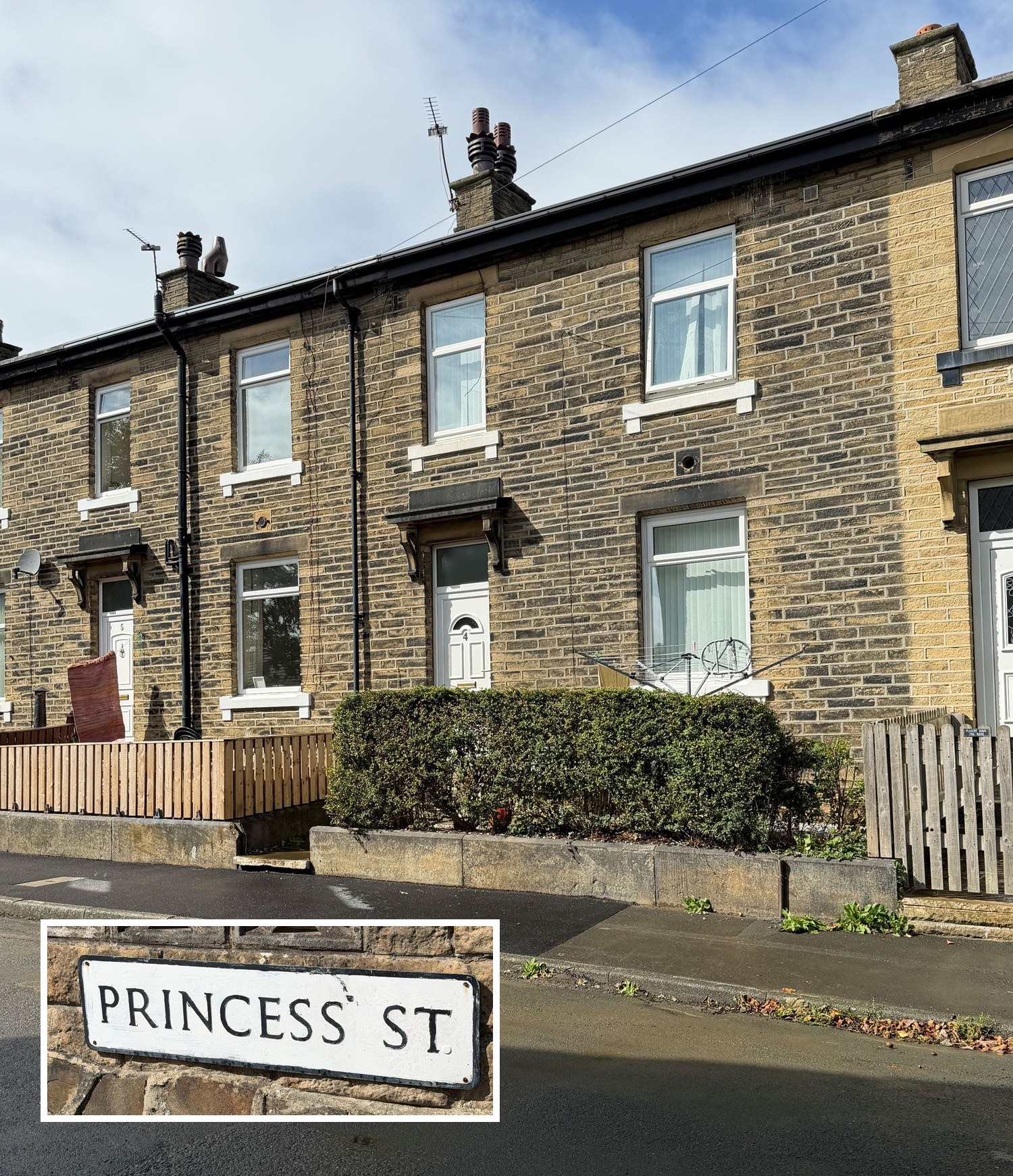 A terrace of stone houses with white-framed windows. The front door of the house in the centre is numbered 4, and a clipped hedge and a rotary washing line are in front. An inset photo shows a street sign reading &ldquo;Princess St&rdquo;.