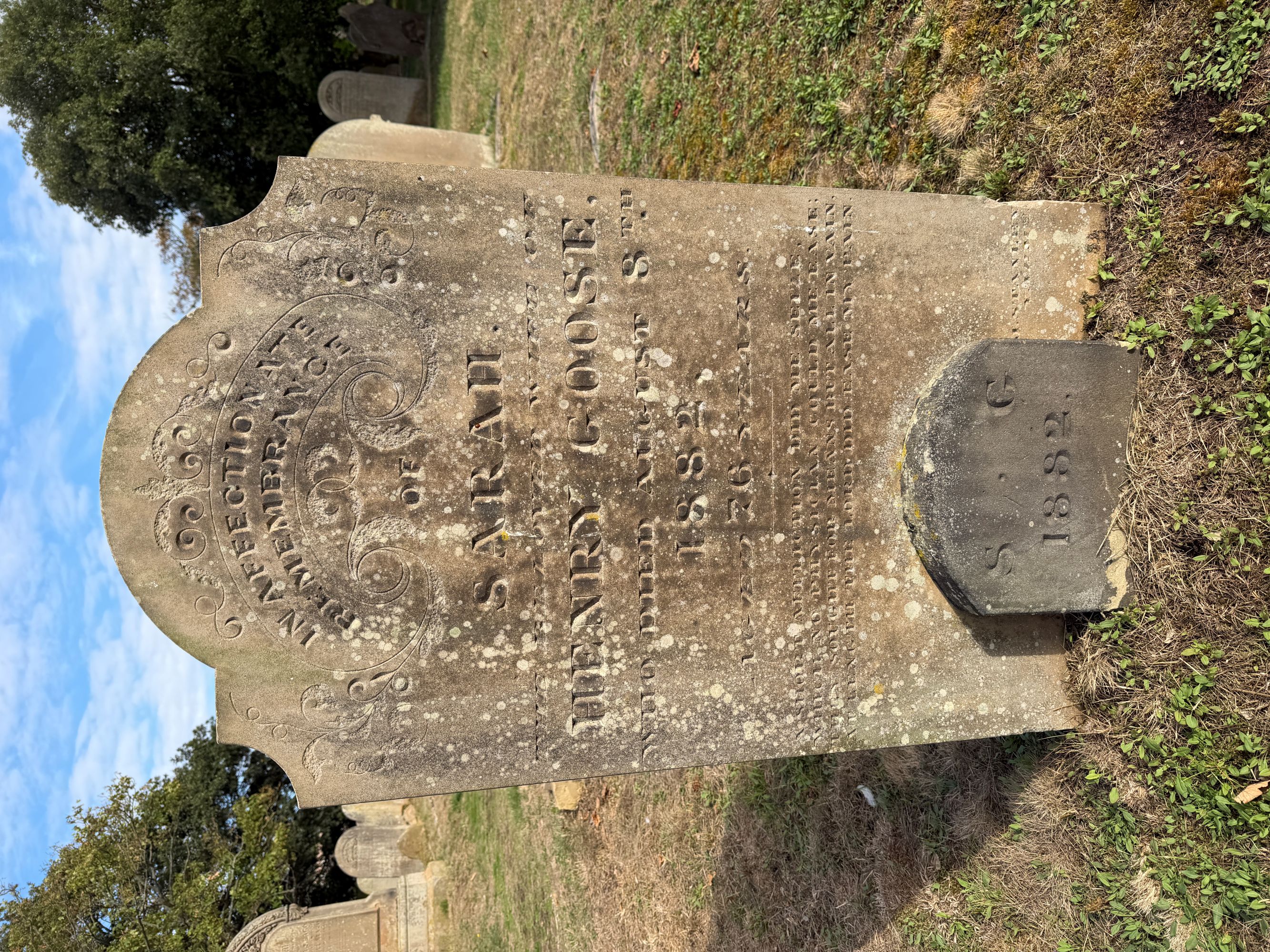 A weathered headstone inscribed In Affectionate Remembrance of Sarah, wife of Henry Goose, with a small footstone marked S G 1882 in front, among other headstones in a cemetery.