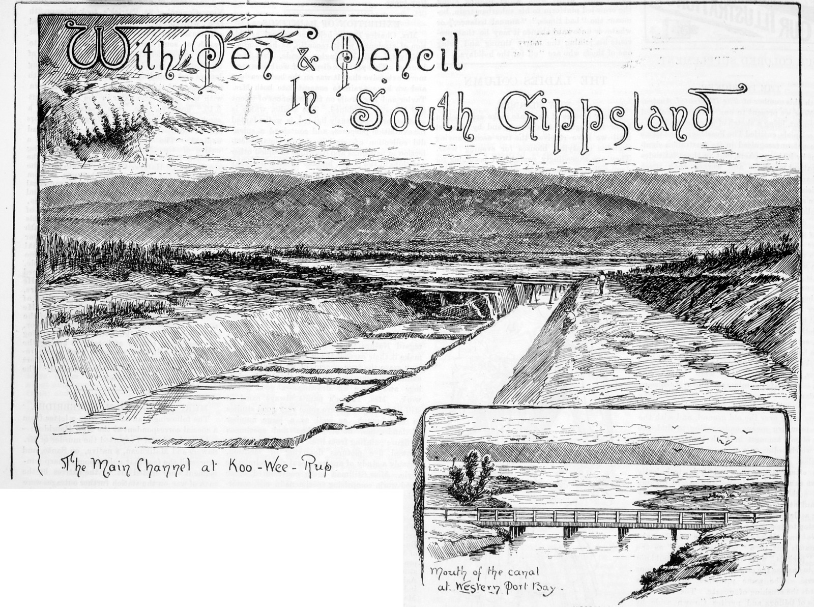 The main channel at Koo-Wee-Rup, pen and ink illustration from With Pen and Pencil in South Gippsland, c.1891