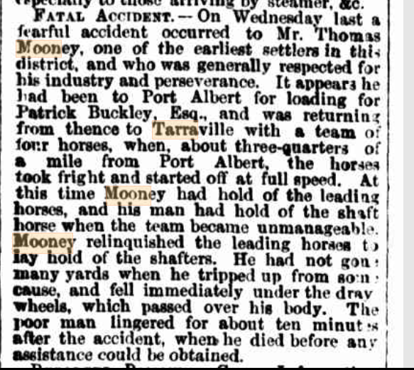 The Argus, 13 May 1856, reporting the fatal dray accident of Thomas Mooney at Gipps Land on 7 May 1856