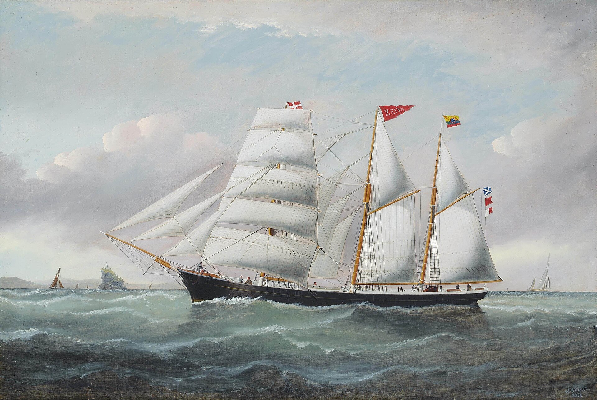 The Colombian barquentine Zelia, painted by William Howard Yorke, showing the three-masted barkentine rig of the era