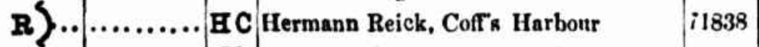 Entry in the New South Wales Government Gazette of 8 August 1894 registering the brand of Hermann Reick of Coff’s Harbour: the letter R followed by a reversed C, brand number 71838