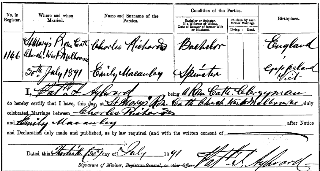 Marriage register entry, Charles Richards and Emily Macauley, St Mary's Roman Catholic Church, West Melbourne, 30 July 1891