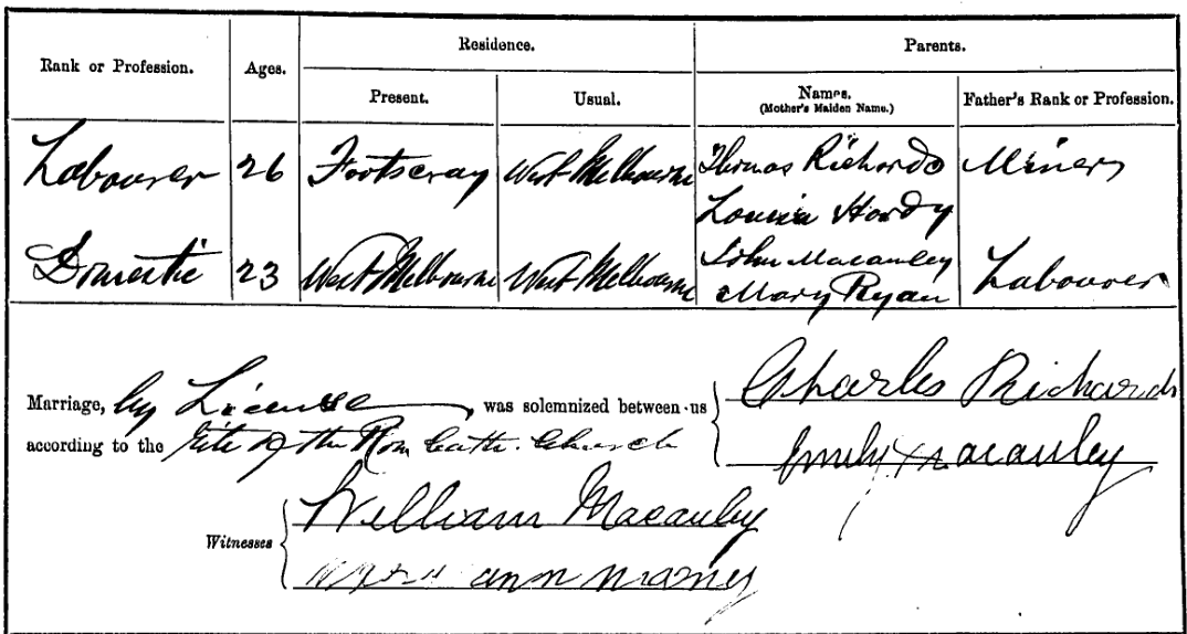 Marriage certificate detail, Charles Richards and Emily Macauley, showing signatures and witnesses, 30 July 1891