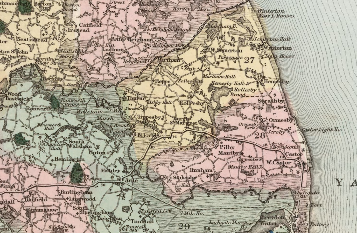 Detail of the 1834 Greenwood map of Norfolk showing Martham and the Norfolk Broads