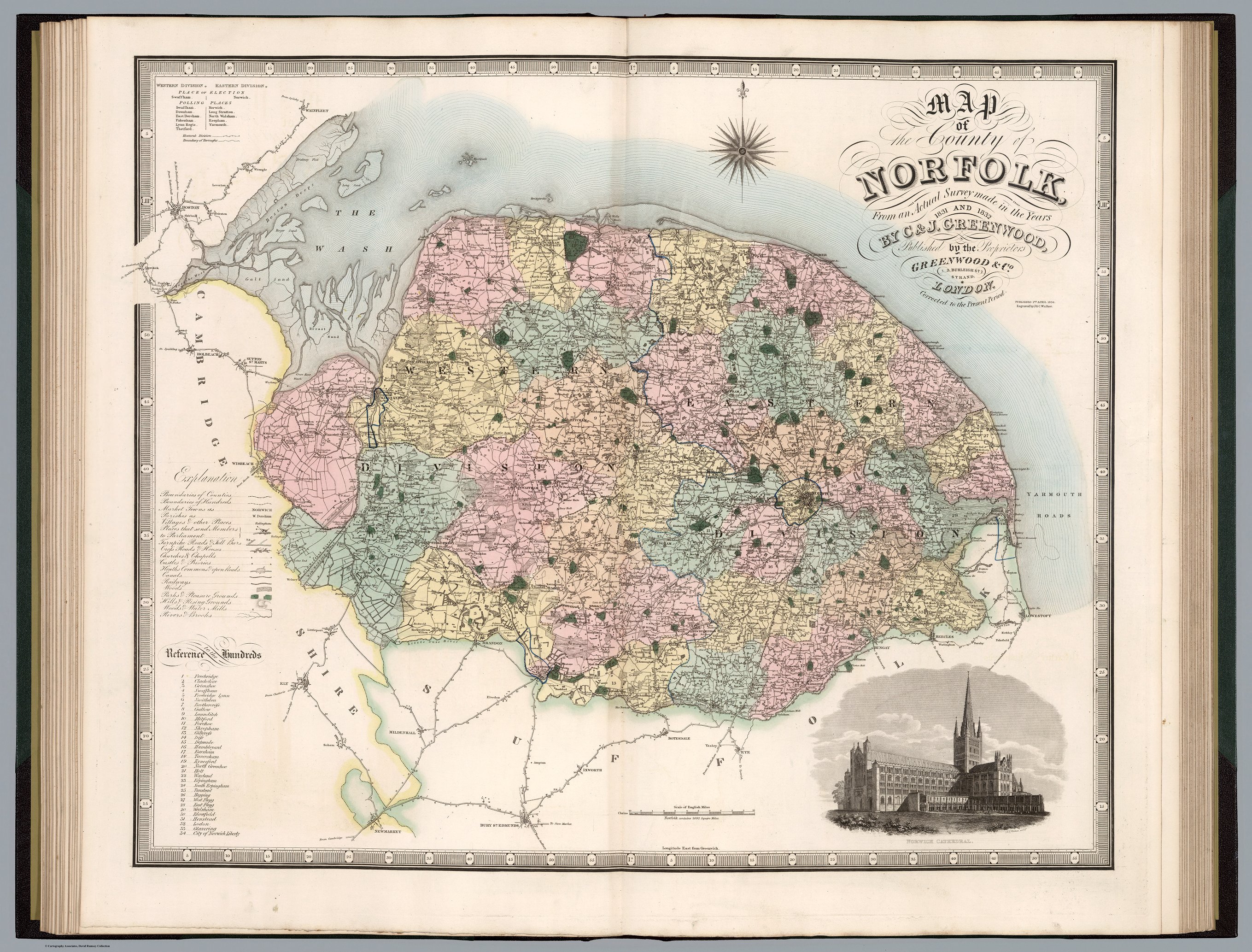 Map of the County of Norfolk by Christopher and John Greenwood, published 1834, showing parishes, roads, rivers and settlements