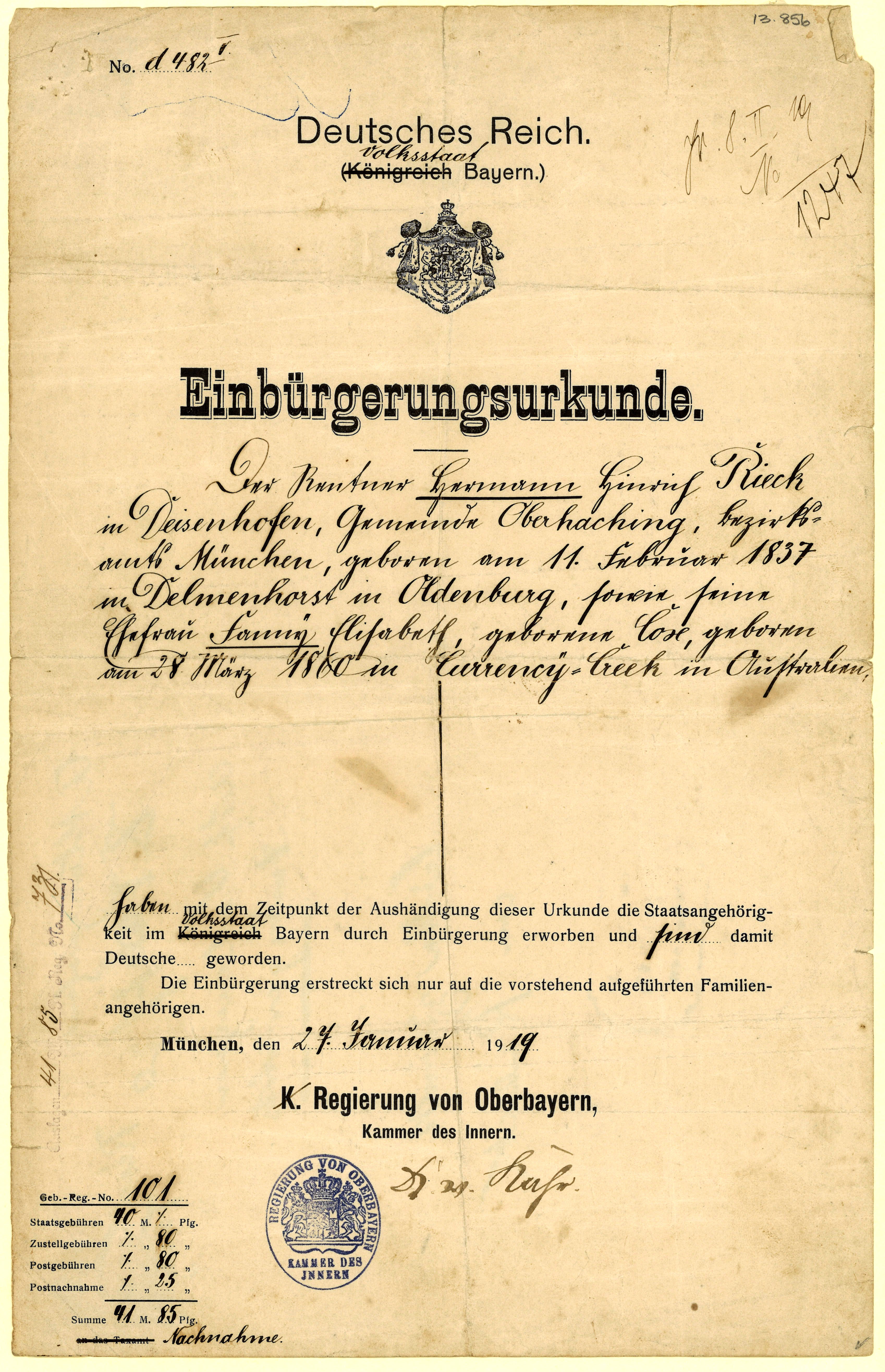 Einbürgerungsurkunde &mdash; the German naturalisation certificate of Hermann Hinrich Rieck and his wife Fanny, issued at Munich, 27 January 1919
