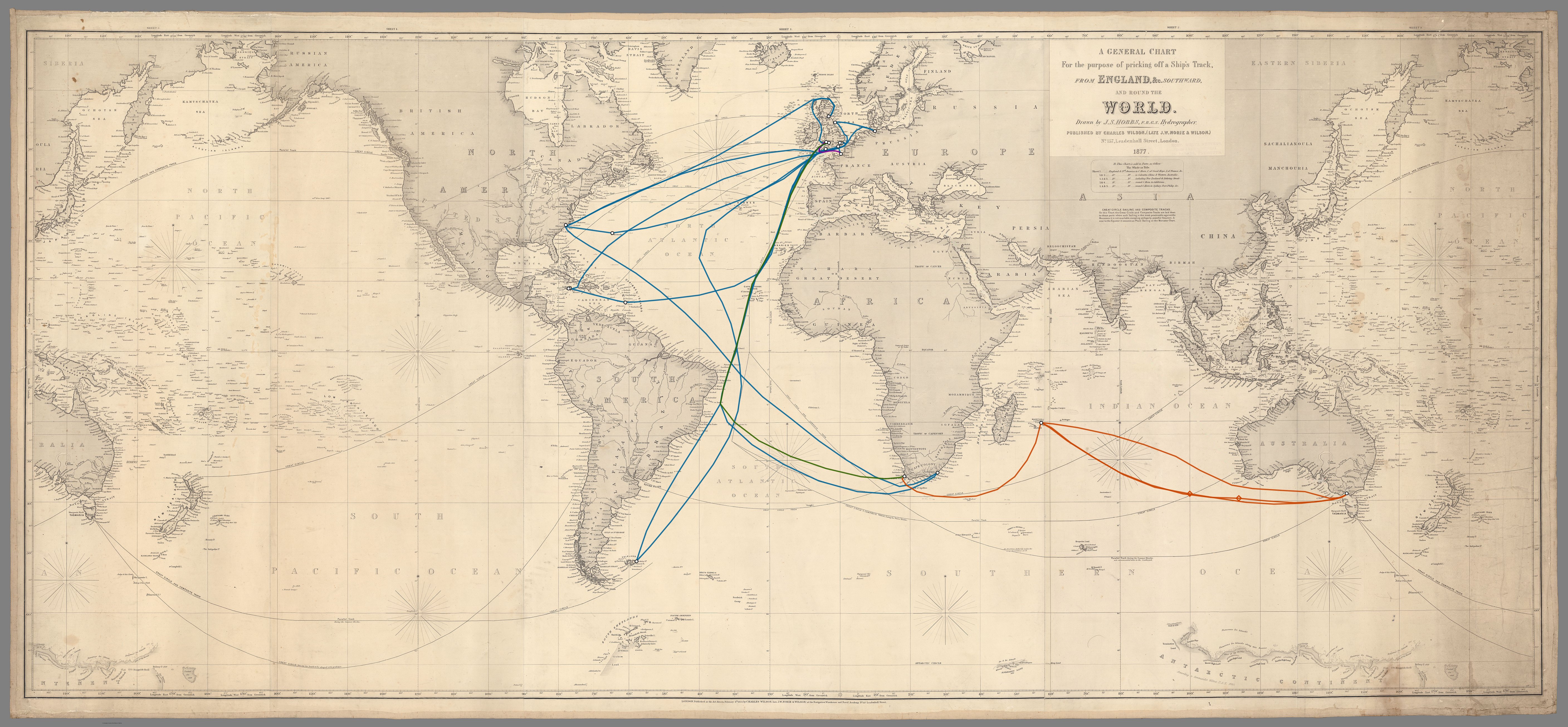 Richard Cobb's sea voyages 1877 to 1883, plotted on J. S. Hobbs's 1877 General Chart for pricking off a ship's track. Coloured lines trace the routes of the Falcon, Bridesmaid, Kentish Tar and Morning Star between documented ports of call.