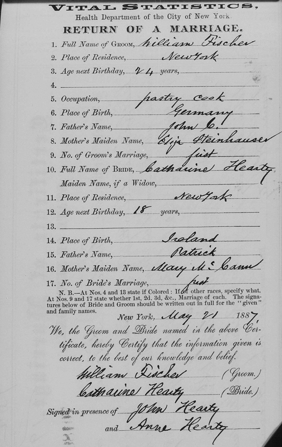 Return of Marriage for William Fischer and Catharine Hearty, 21 May 1887