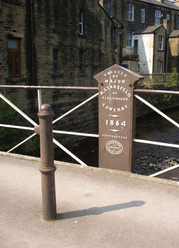 Cast iron contractor's plate on Victoria Bridge, Sowerby Bridge, reading: Erected by Major R Stansfield of Fieldhouse Sowerby 1864 Contractors F. Berry and Sons Sowerby Bridge Yorkshire.